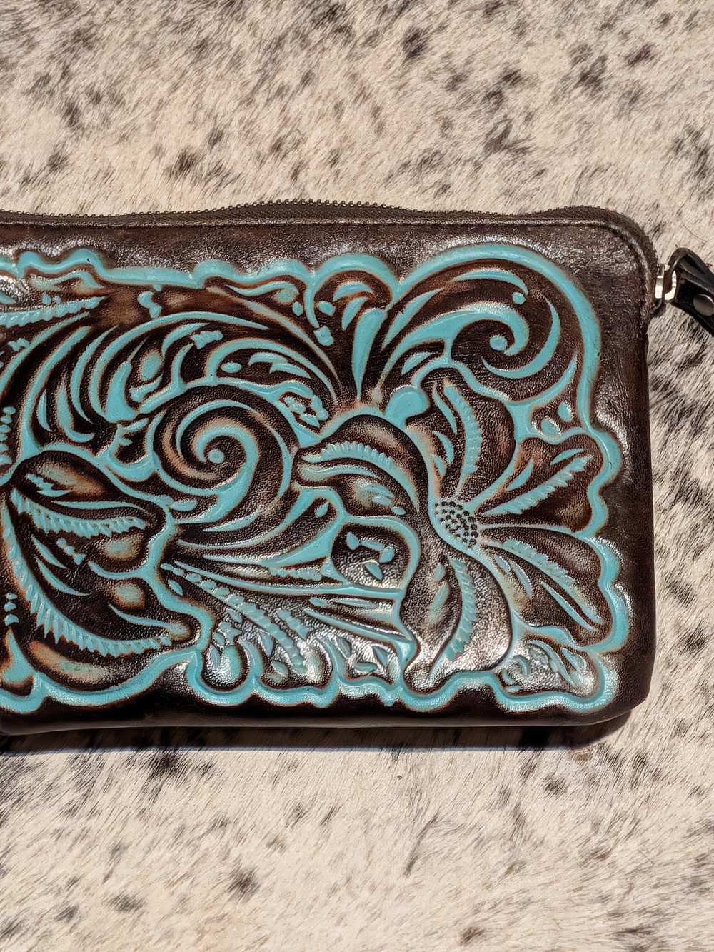 Patricia Nash Brown Tooled Leather Clutch with Turquoise Accents